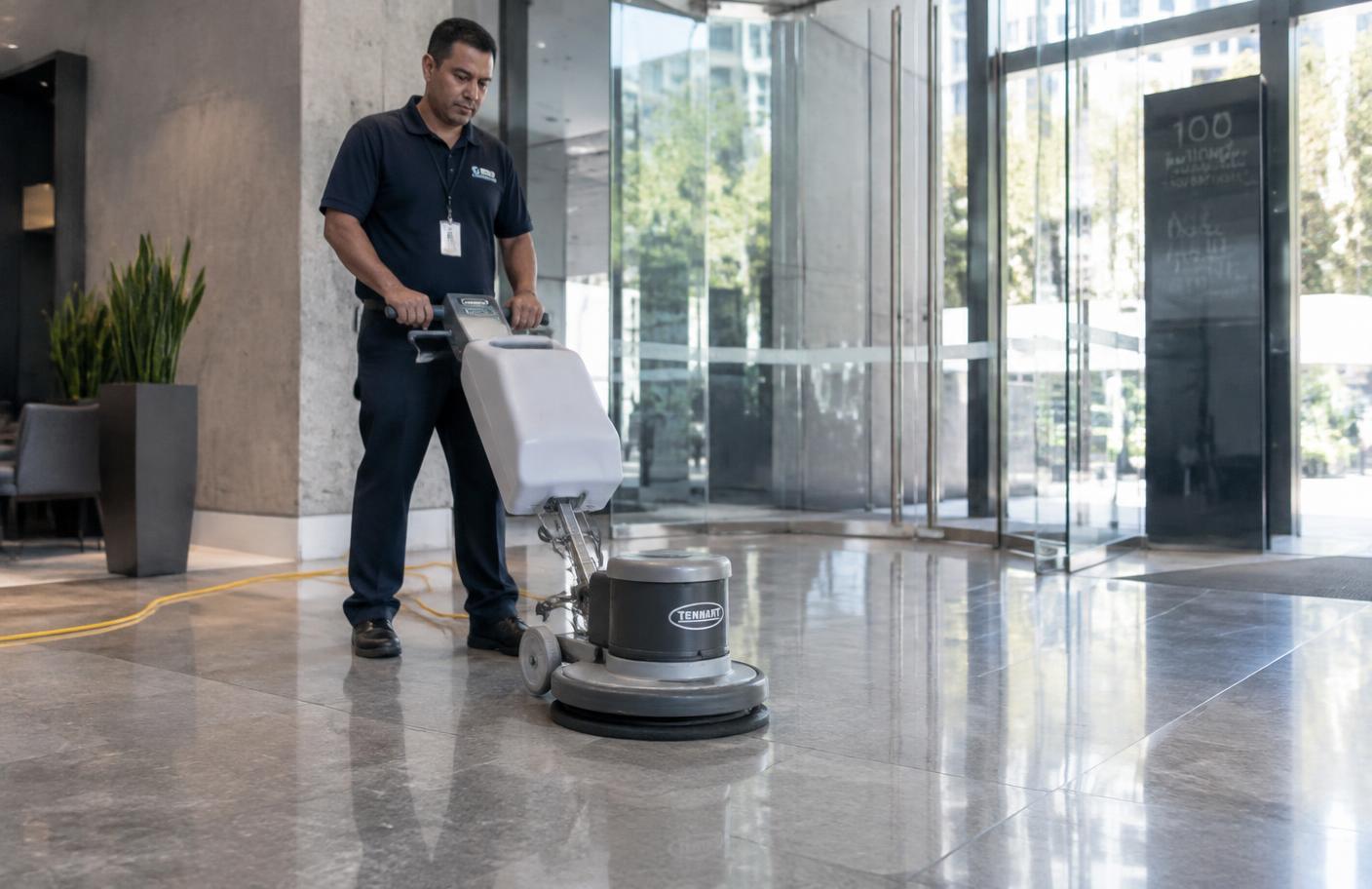 Nd Business Investment cleaner polishing a lobby floor